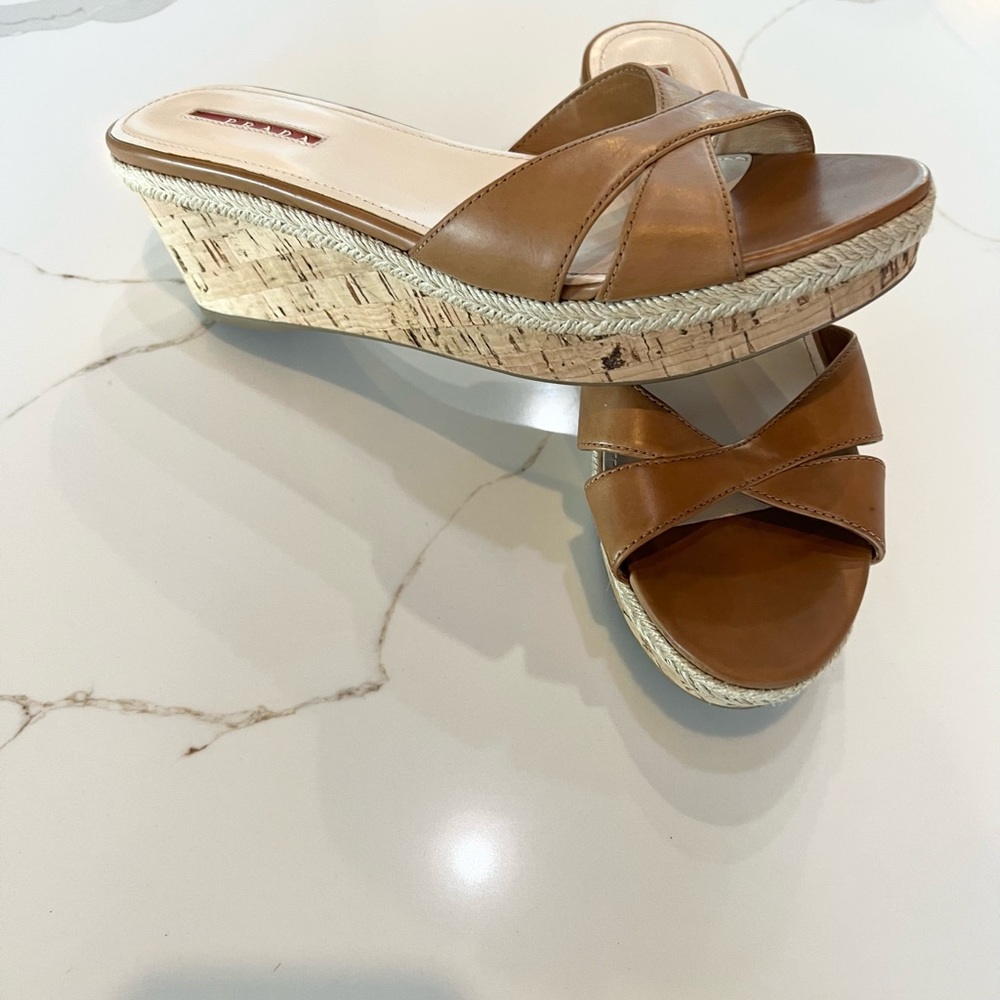 Prada Brown Leather Crisscross Cork Wedge Sandals